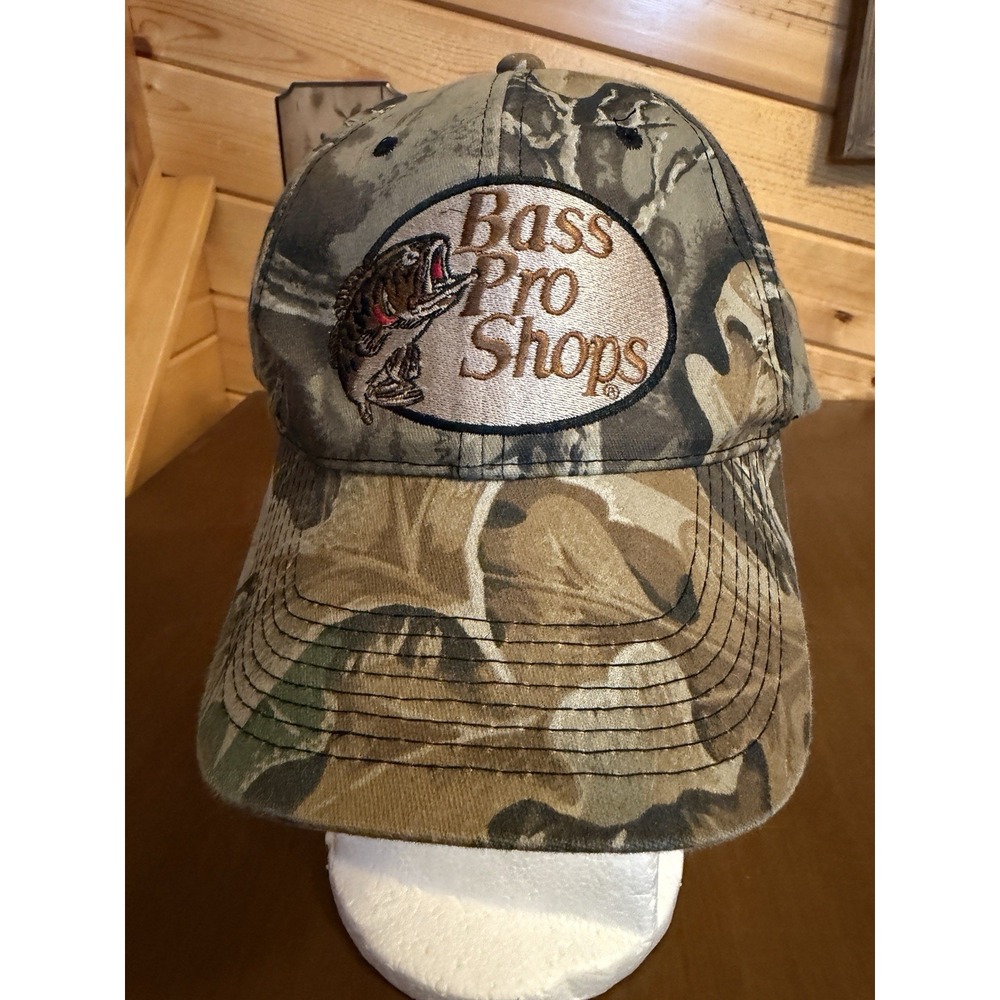 Bass Pro Shops Green Camo Tan Adjustable Trucker Hat Cap Logo Hunting Snap Back